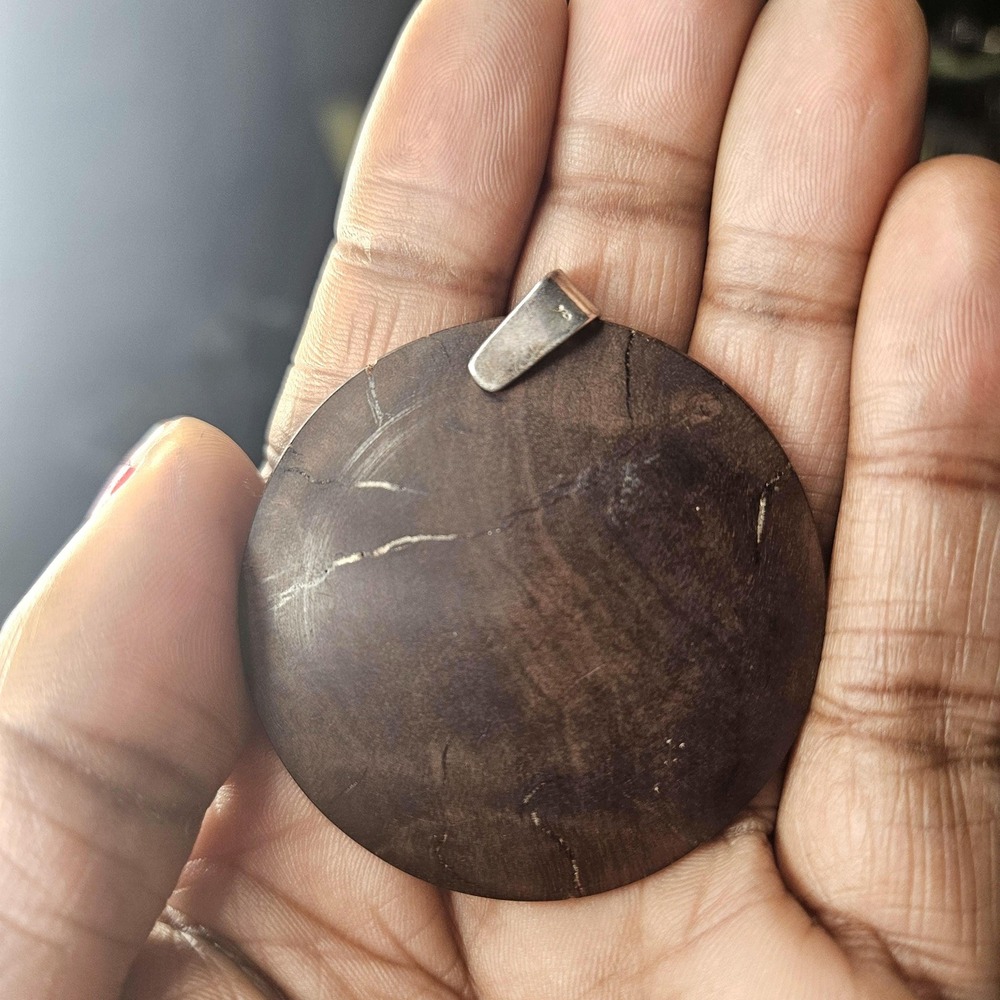 vintage dark wood round with 925 silver bail‎ pendant